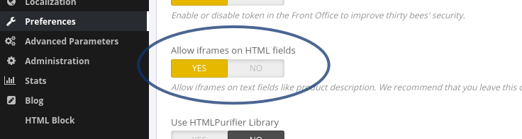 The iframe switch in back office.