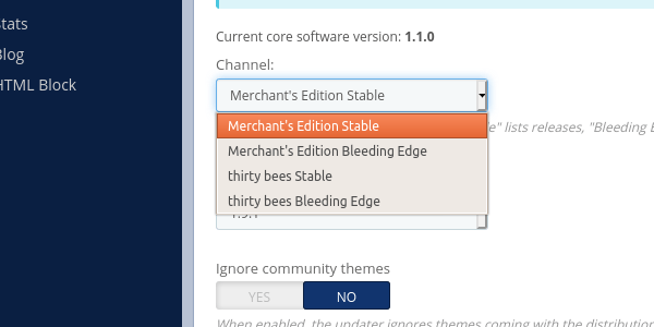 Core Updater channel menu